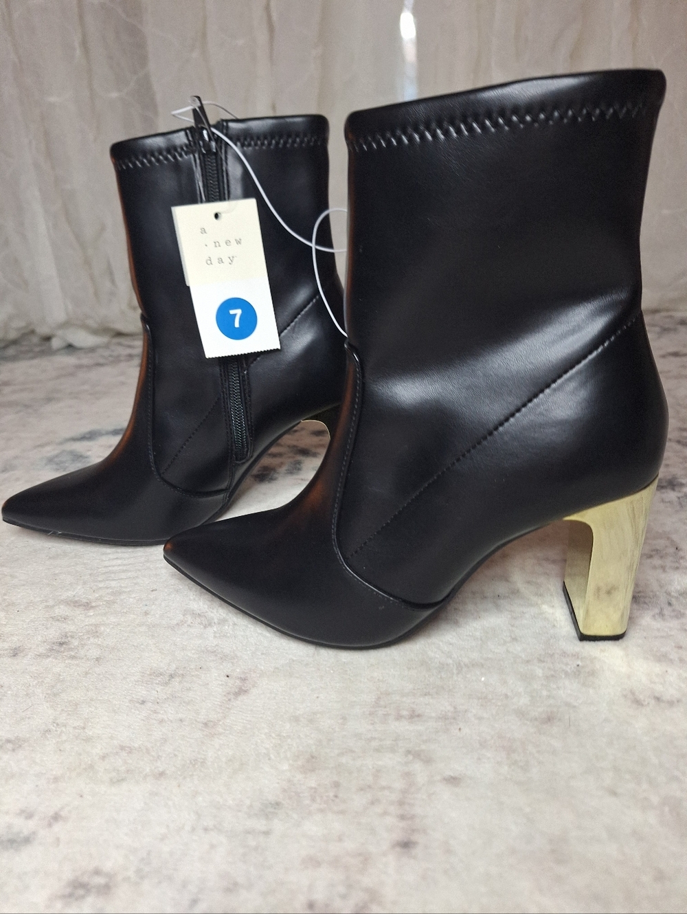 a new day Memory Foam Black Pointed Ankle Boot with Gold Heel - Women's 7